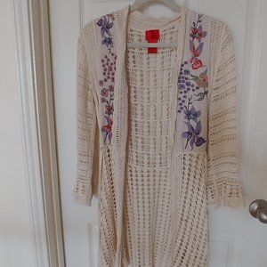 V-Christina Floral Embroidery Bohemian Cream Cotton Cardigan Small